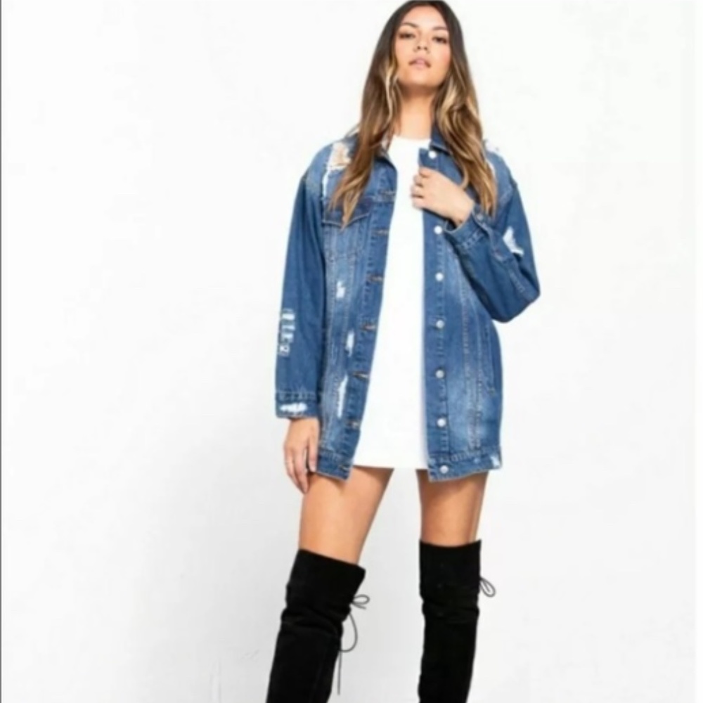 Cute Distressed Denim Jean Jacket Longer L Large